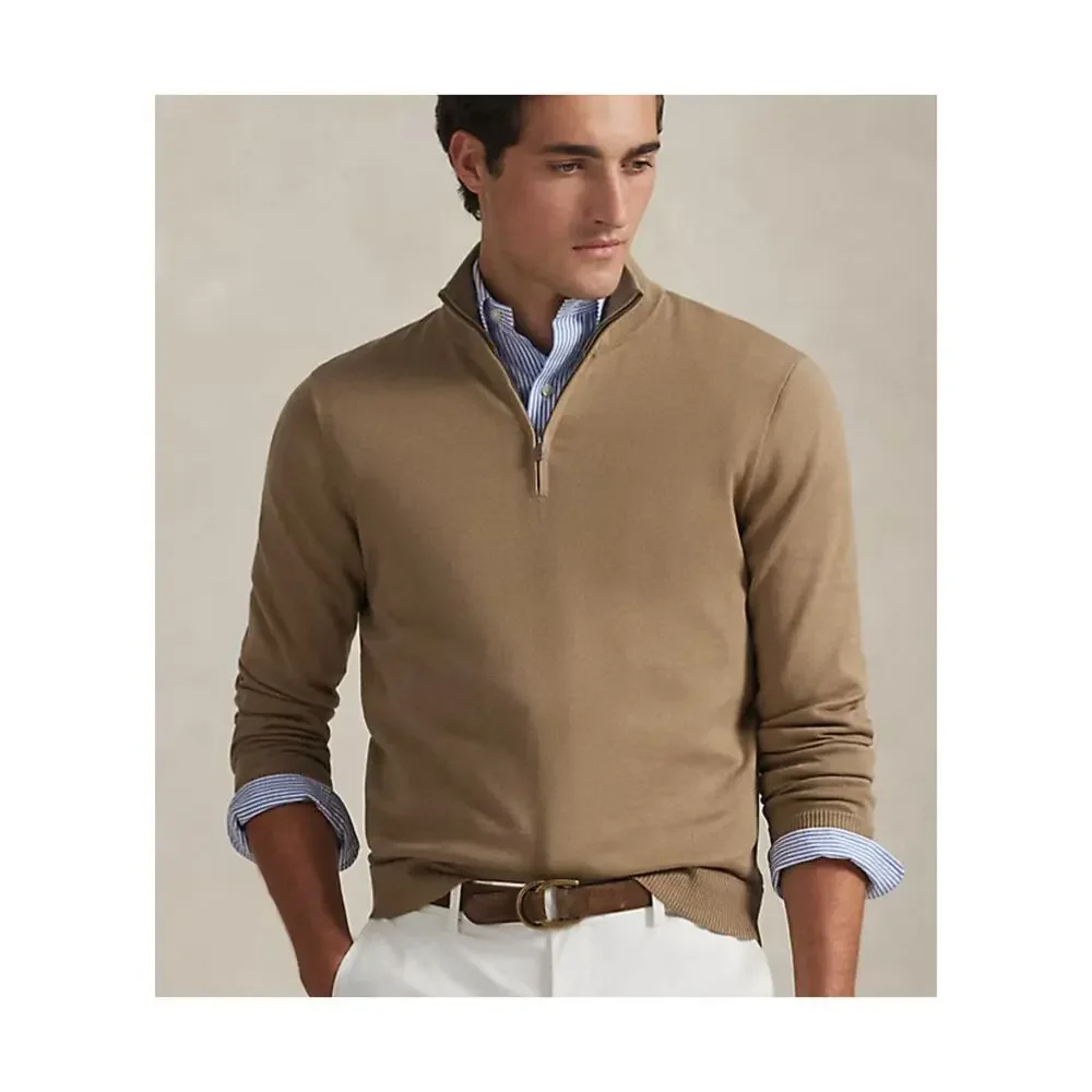 Polo Ralph Lauren Sweater Mens XLT Tan 100% Cotton 1/4 Quarter-Zip Mockneck Knit